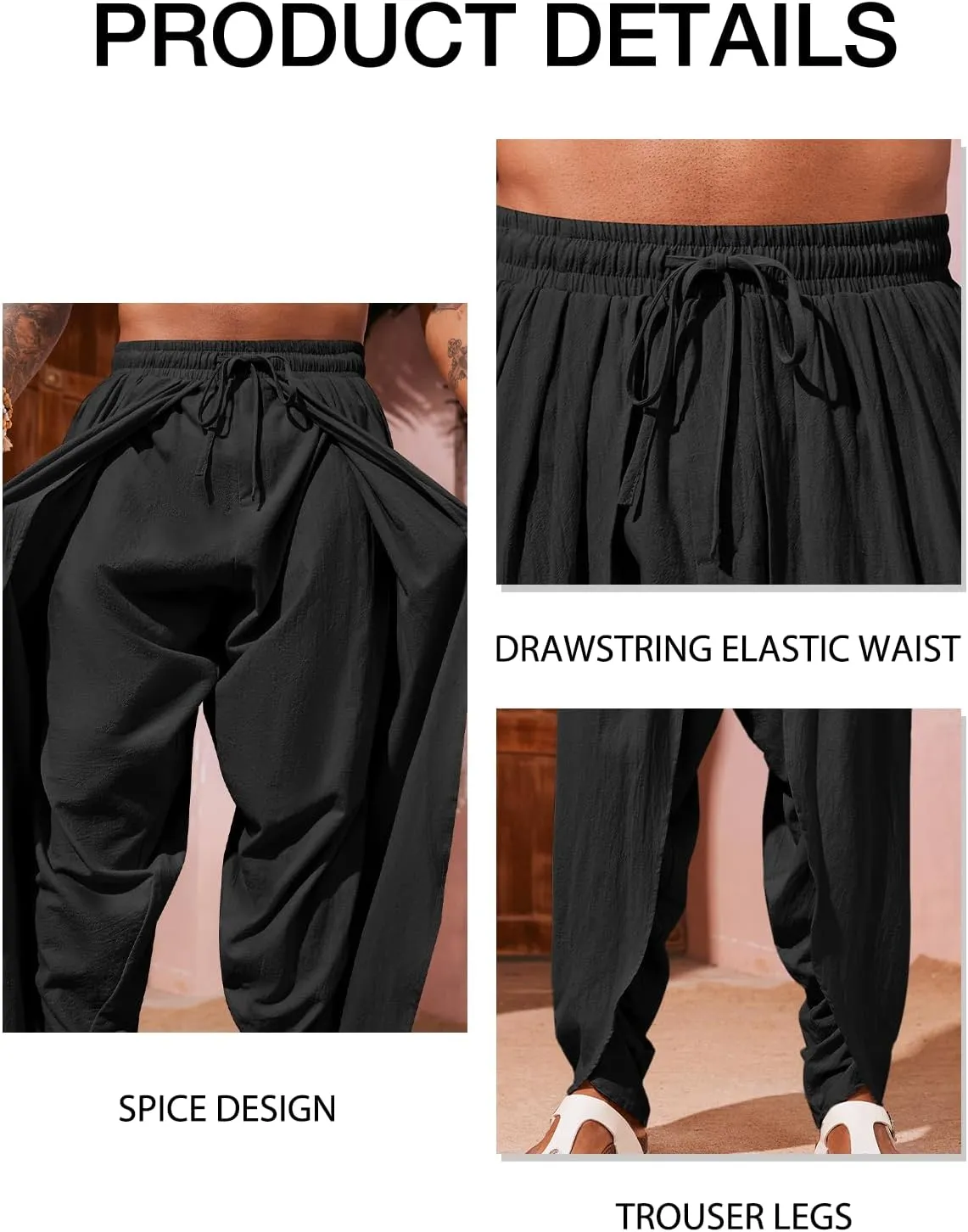 Runcati Mens Linen Harem Pants Casual Elastic Waist Pants Baggy Boho Yoga Hippie Summer Beach Kurta Dhoti Trousers