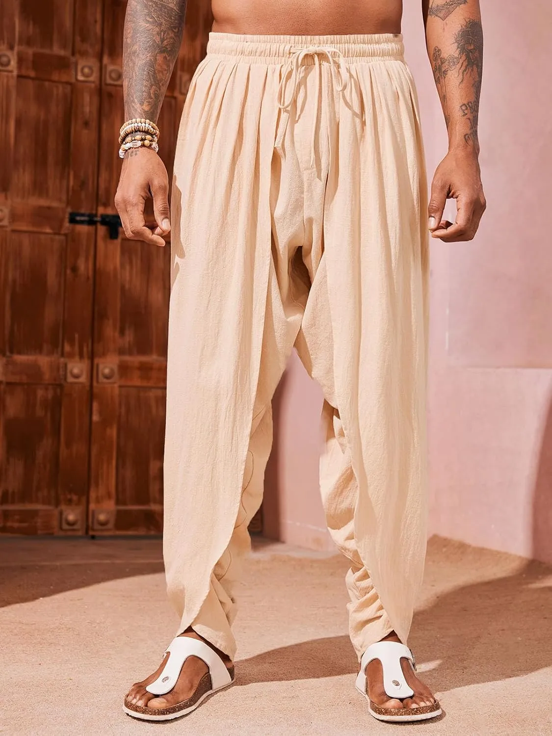 Runcati Mens Linen Harem Pants Casual Elastic Waist Pants Baggy Boho Yoga Hippie Summer Beach Kurta Dhoti Trousers