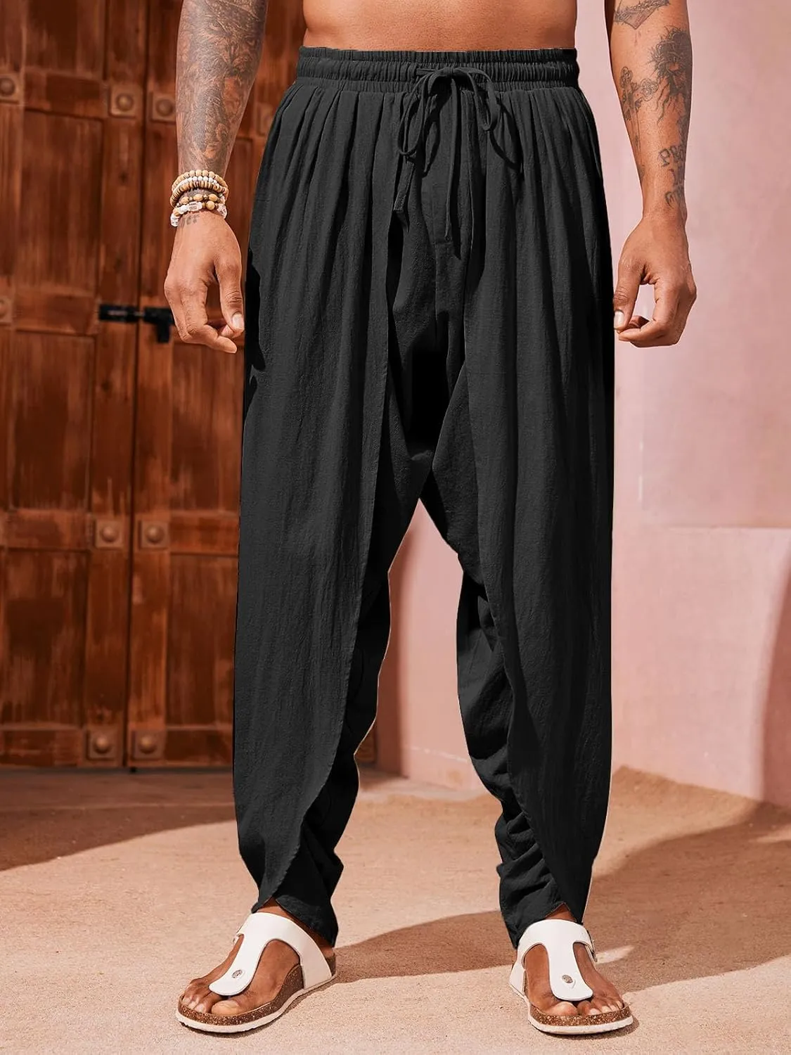 Runcati Mens Linen Harem Pants Casual Elastic Waist Pants Baggy Boho Yoga Hippie Summer Beach Kurta Dhoti Trousers