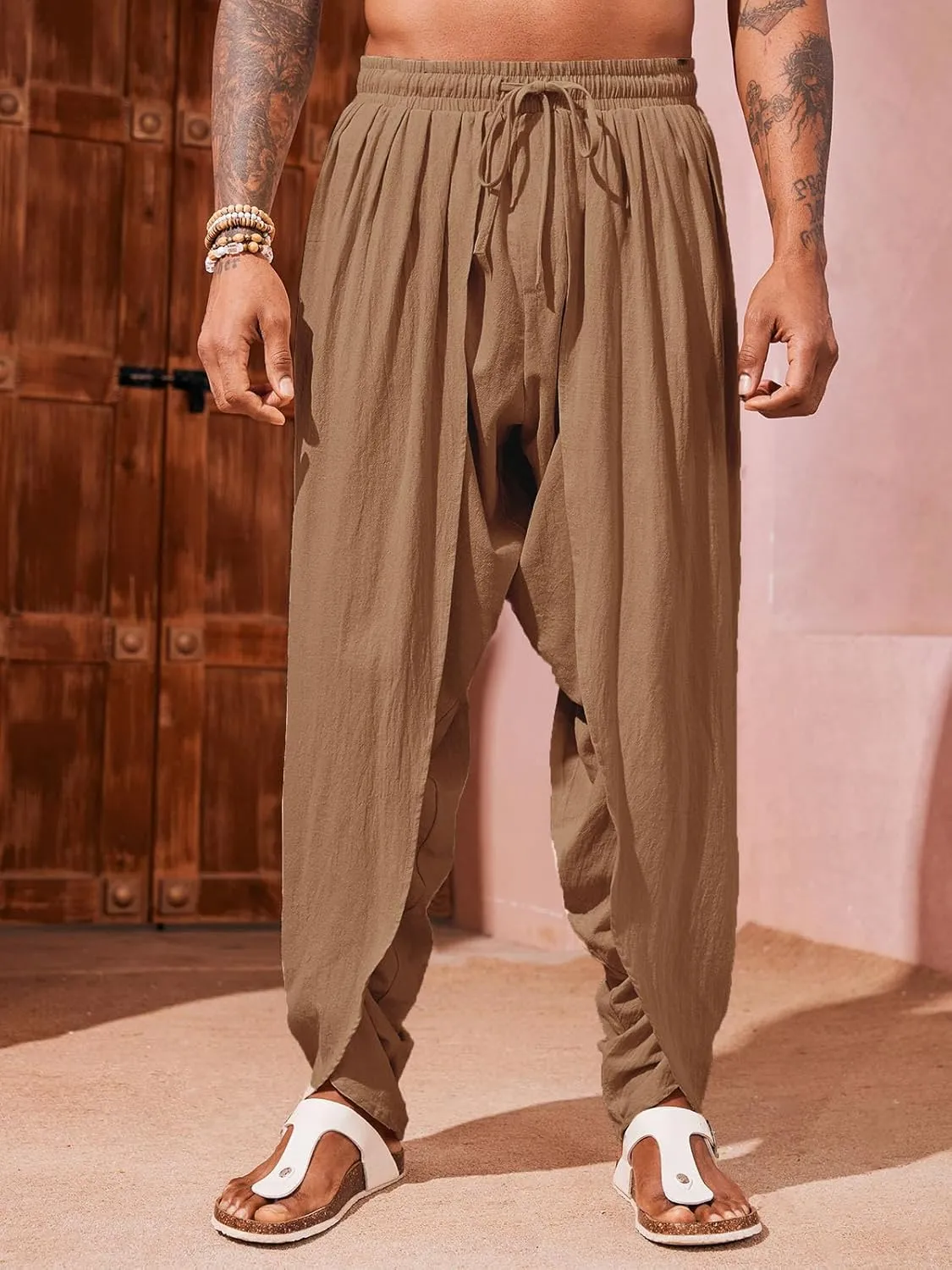Runcati Mens Linen Harem Pants Casual Elastic Waist Pants Baggy Boho Yoga Hippie Summer Beach Kurta Dhoti Trousers