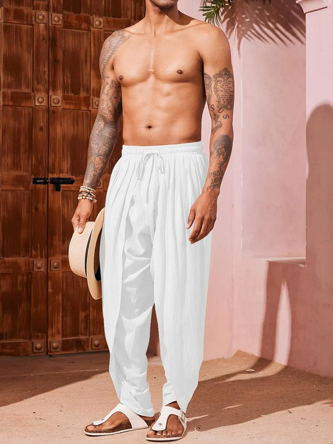 Runcati Mens Linen Harem Pants Casual Elastic Waist Pants Baggy Boho Yoga Hippie Summer Beach Kurta Dhoti Trousers