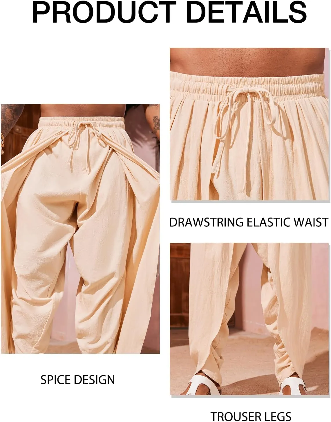 Runcati Mens Linen Harem Pants Casual Elastic Waist Pants Baggy Boho Yoga Hippie Summer Beach Kurta Dhoti Trousers