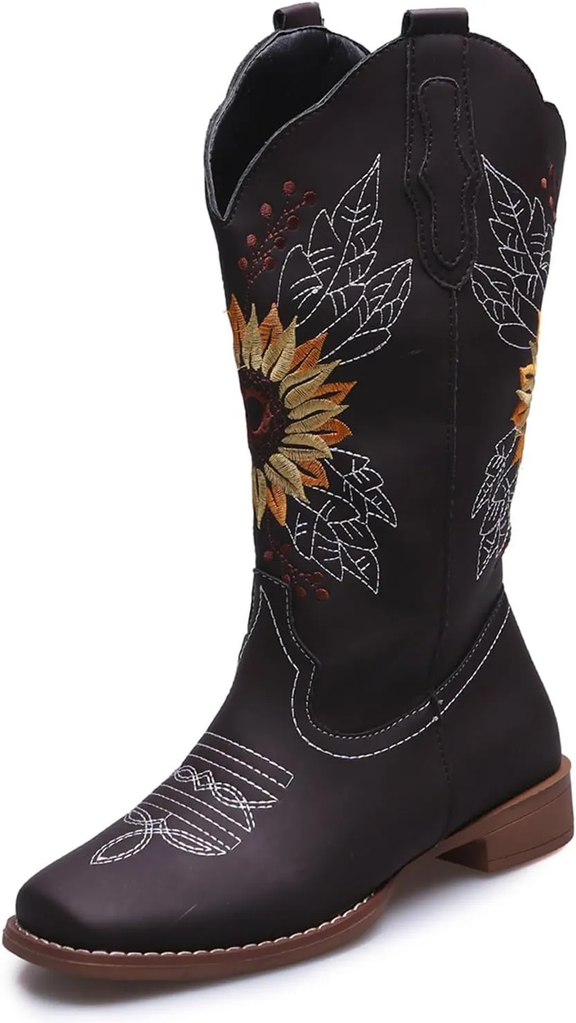 SACFOF Cowboy Boots for Women Sunflower Boots Square Toe Mid Calf Western Embroidery Stitched Low Heel Western Cowgirl Boots