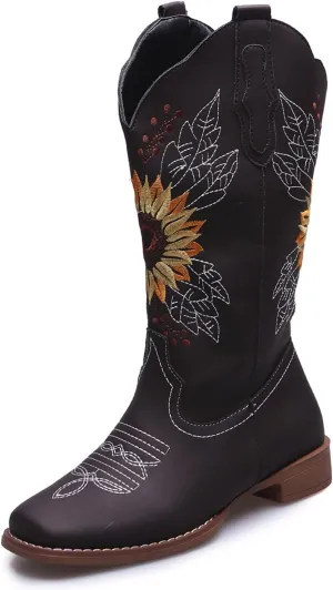 SACFOF Cowboy Boots for Women Sunflower Boots Square Toe Mid Calf Western Embroidery Stitched Low Heel Western Cowgirl Boots
