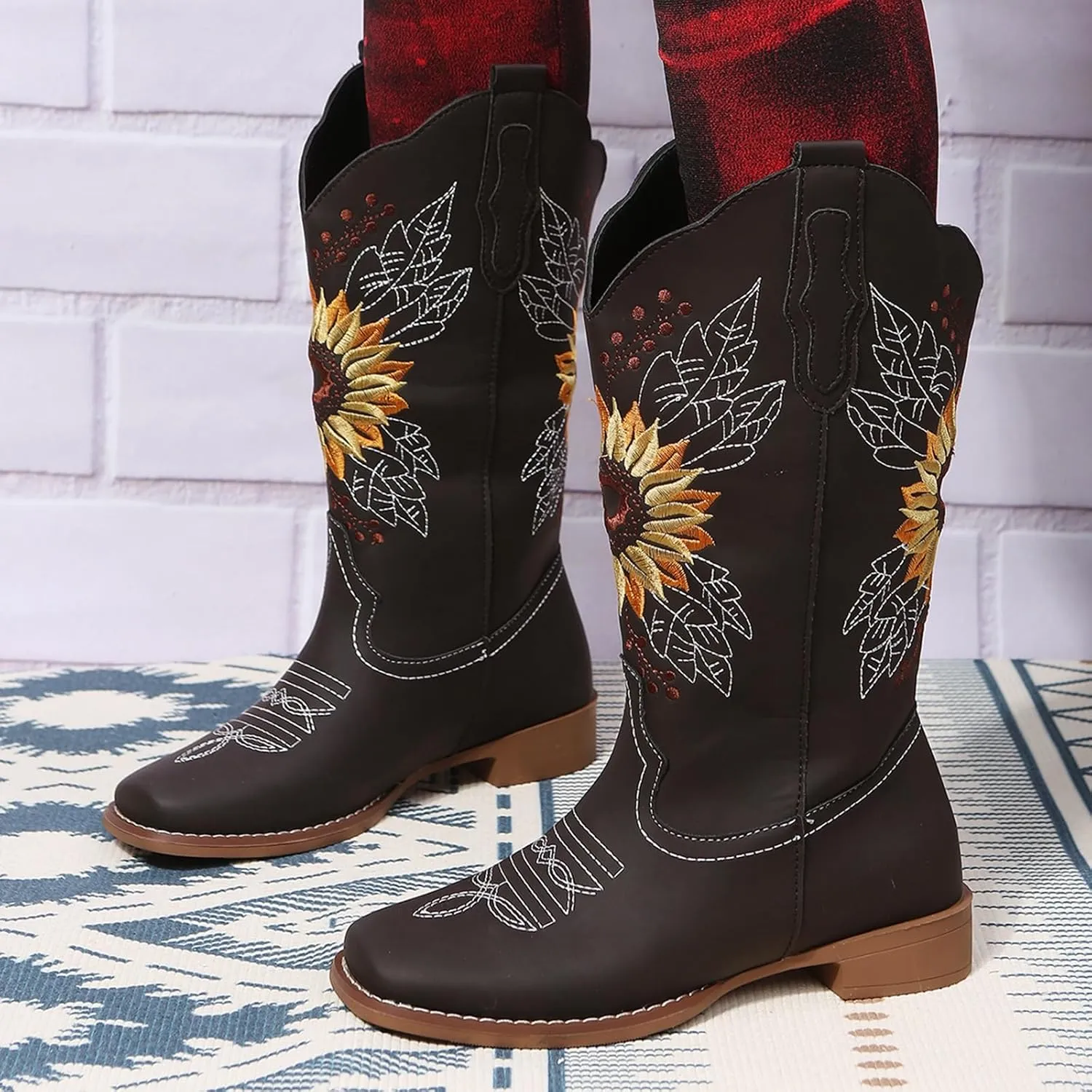 SACFOF Cowboy Boots for Women Sunflower Boots Square Toe Mid Calf Western Embroidery Stitched Low Heel Western Cowgirl Boots