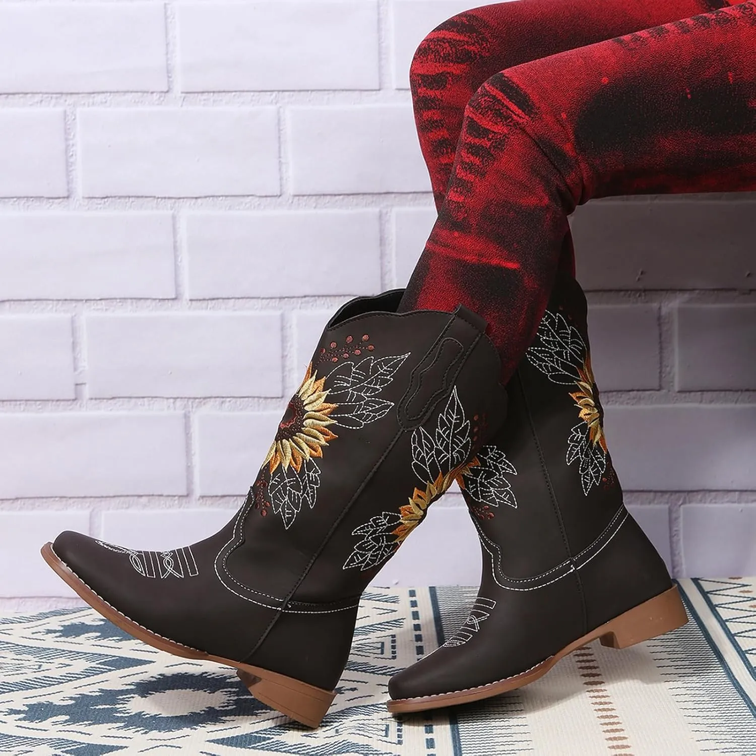SACFOF Cowboy Boots for Women Sunflower Boots Square Toe Mid Calf Western Embroidery Stitched Low Heel Western Cowgirl Boots