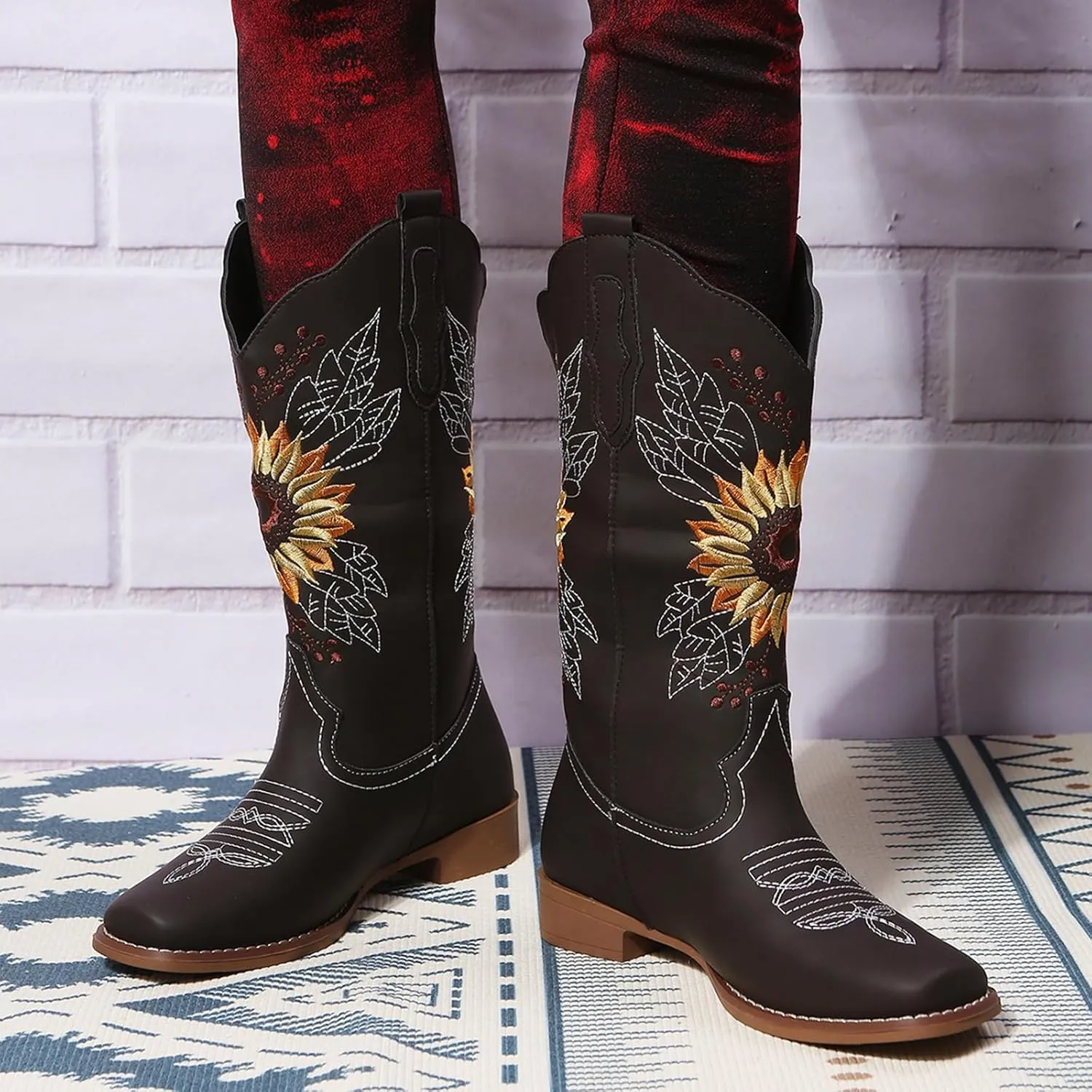 SACFOF Cowboy Boots for Women Sunflower Boots Square Toe Mid Calf Western Embroidery Stitched Low Heel Western Cowgirl Boots