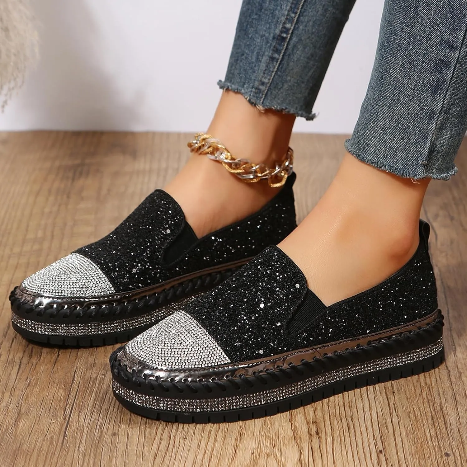 SACFOF Women Rhinestone Platform Loafers Glitter Fashion Slip-On Sparkle Sequin Sneakers Casual Flat Bling Loafers