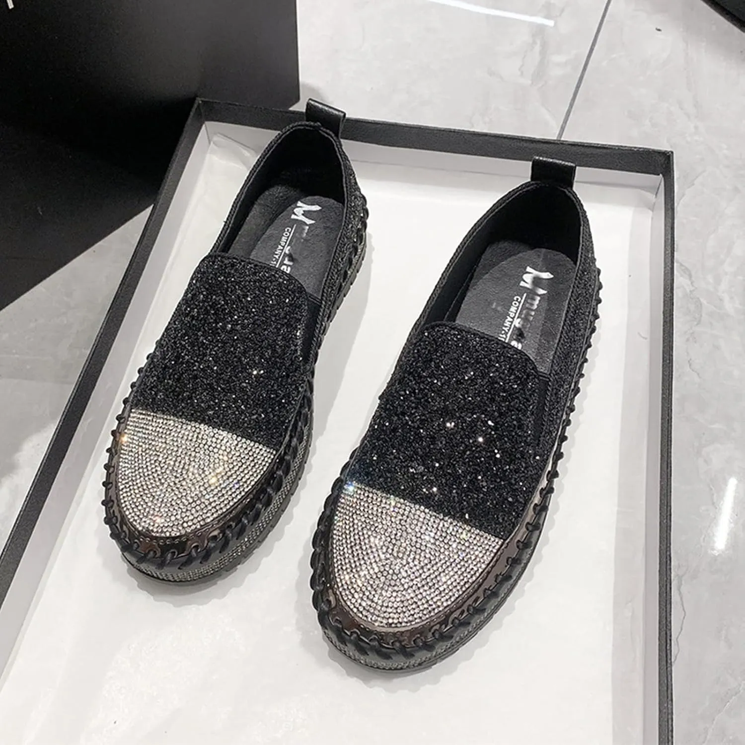 SACFOF Women Rhinestone Platform Loafers Glitter Fashion Slip-On Sparkle Sequin Sneakers Casual Flat Bling Loafers