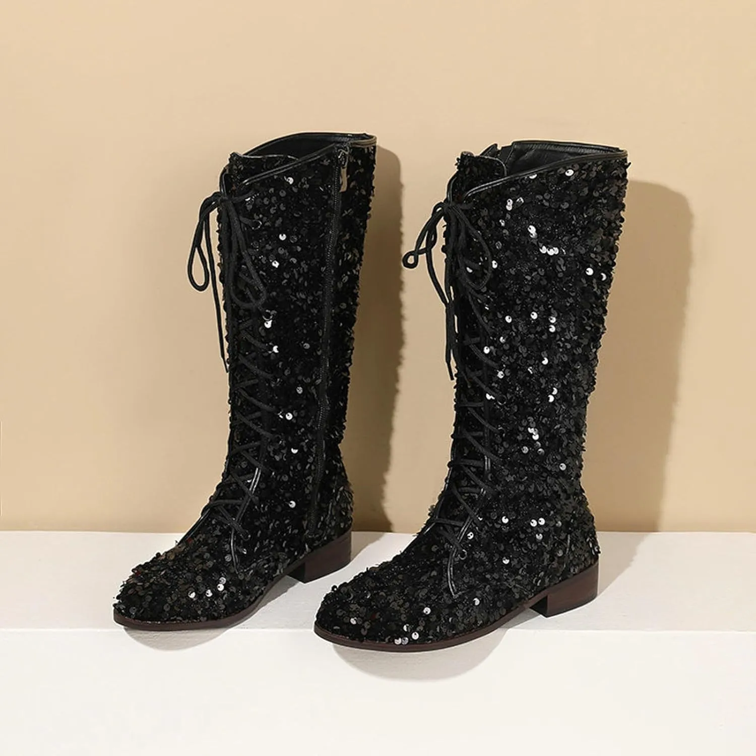 SACFOF Women's Glitter Sequin Mid Calf Boots Round Toe Chunky Block Heel Boots Sparkly Lace Up Cowboy Cowgirl Boots for Women