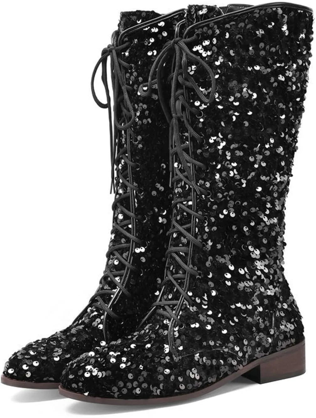SACFOF Women's Glitter Sequin Mid Calf Boots Round Toe Chunky Block Heel Boots Sparkly Lace Up Cowboy Cowgirl Boots for Women