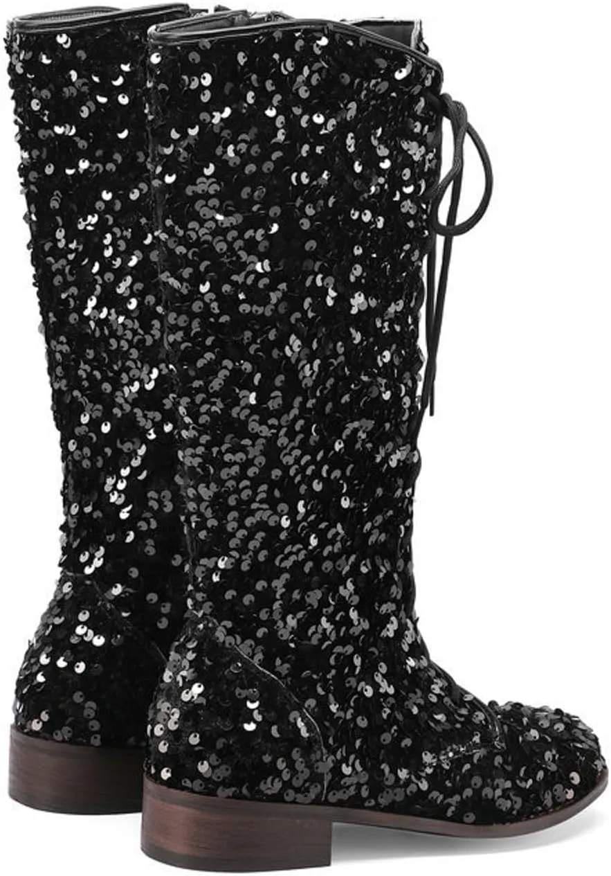 SACFOF Women's Glitter Sequin Mid Calf Boots Round Toe Chunky Block Heel Boots Sparkly Lace Up Cowboy Cowgirl Boots for Women