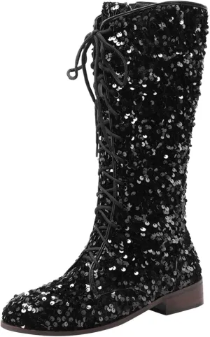 SACFOF Women's Glitter Sequin Mid Calf Boots Round Toe Chunky Block Heel Boots Sparkly Lace Up Cowboy Cowgirl Boots for Women
