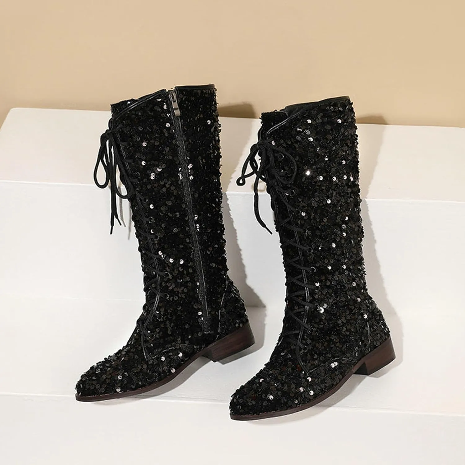 SACFOF Women's Glitter Sequin Mid Calf Boots Round Toe Chunky Block Heel Boots Sparkly Lace Up Cowboy Cowgirl Boots for Women