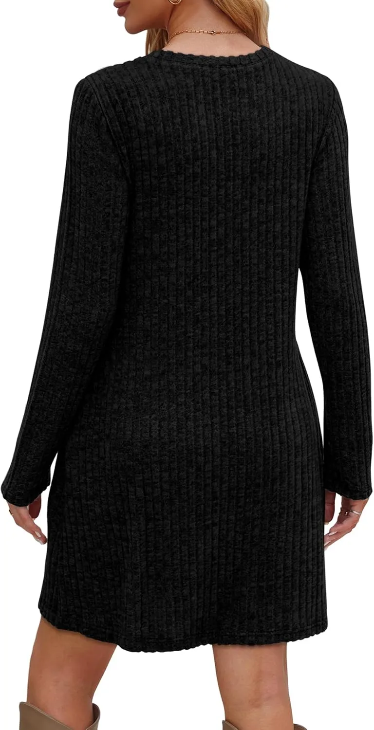Saloogoe Long Sleeve Dress for Women Tunic Sweater Dresses with Pockets Fashion 2024 Buttons Side