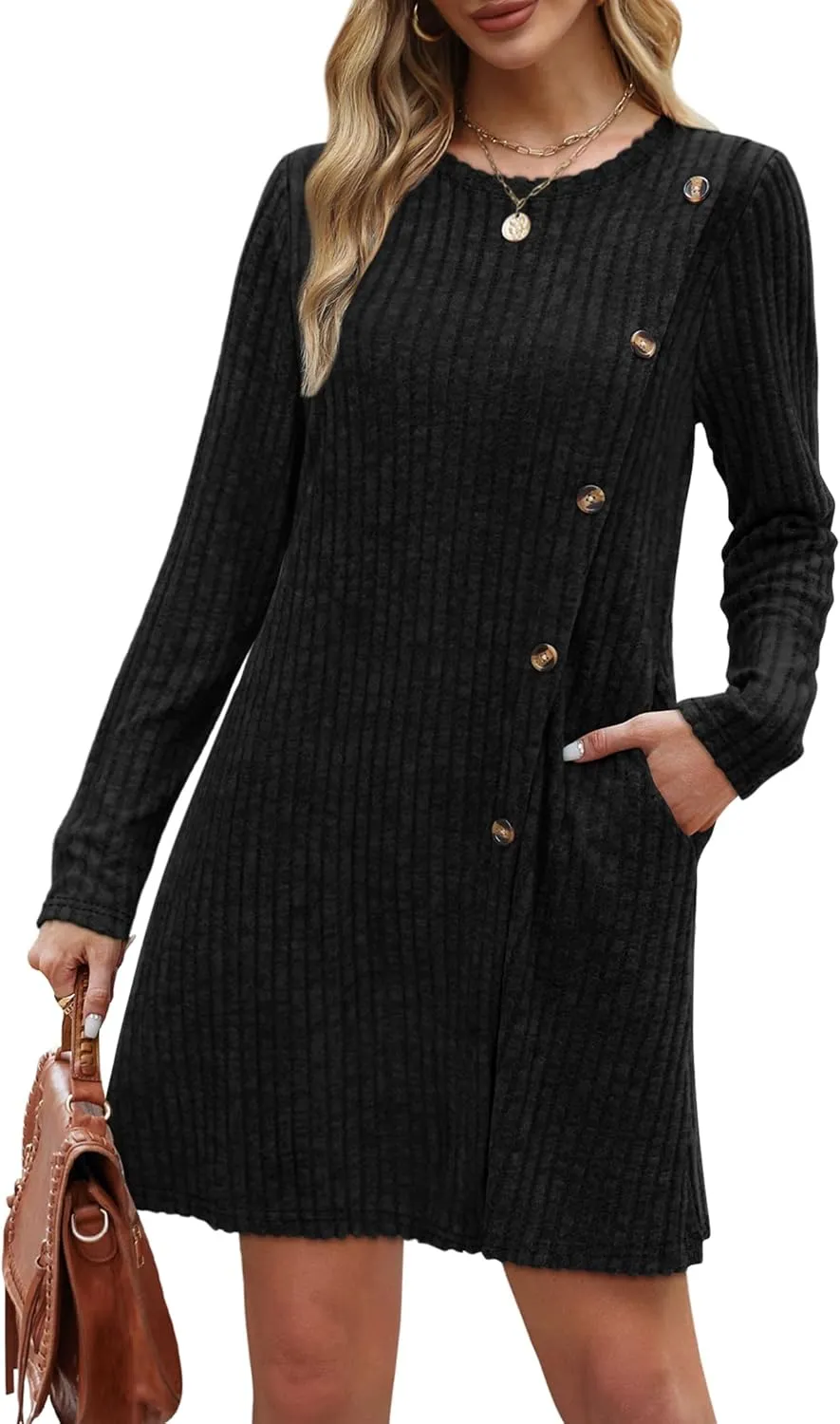 Saloogoe Long Sleeve Dress for Women Tunic Sweater Dresses with Pockets Fashion 2024 Buttons Side