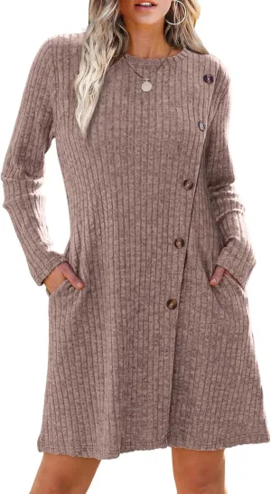 Saloogoe Long Sleeve Dress for Women Tunic Sweater Dresses with Pockets Fashion 2024 Buttons Side