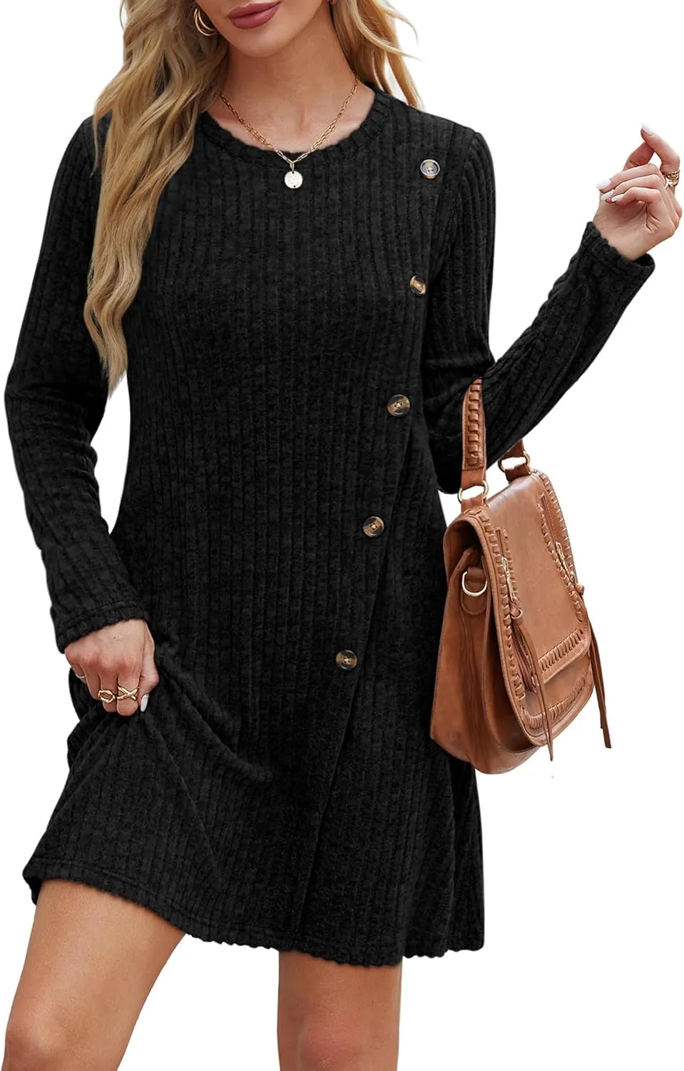 Saloogoe Long Sleeve Dress for Women Tunic Sweater Dresses with Pockets Fashion 2024 Buttons Side