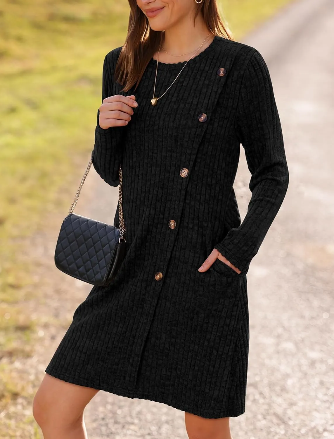 Saloogoe Long Sleeve Dress for Women Tunic Sweater Dresses with Pockets Fashion 2024 Buttons Side