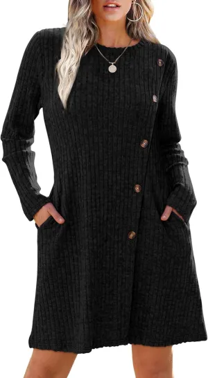 Saloogoe Long Sleeve Dress for Women Tunic Sweater Dresses with Pockets Fashion 2024 Buttons Side