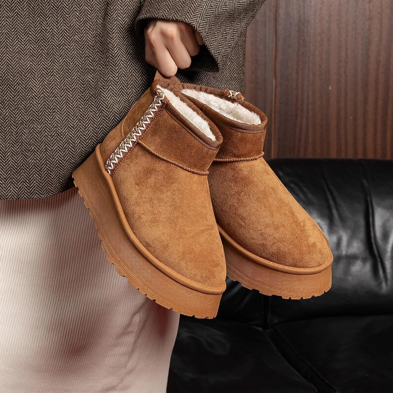 Samilor Platform Mini Boot for Women Short Ankle Boot Warm Fur Fleece Lined Winter Boots with Memory Foam Insole for Outdoor Indoor