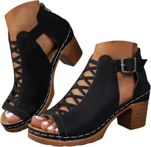 Sandals for Women 2025 Heels Vintage Hollow Out Buckle Strap Platform Sandals for Women Summer Casual Chunky Heels Shoes