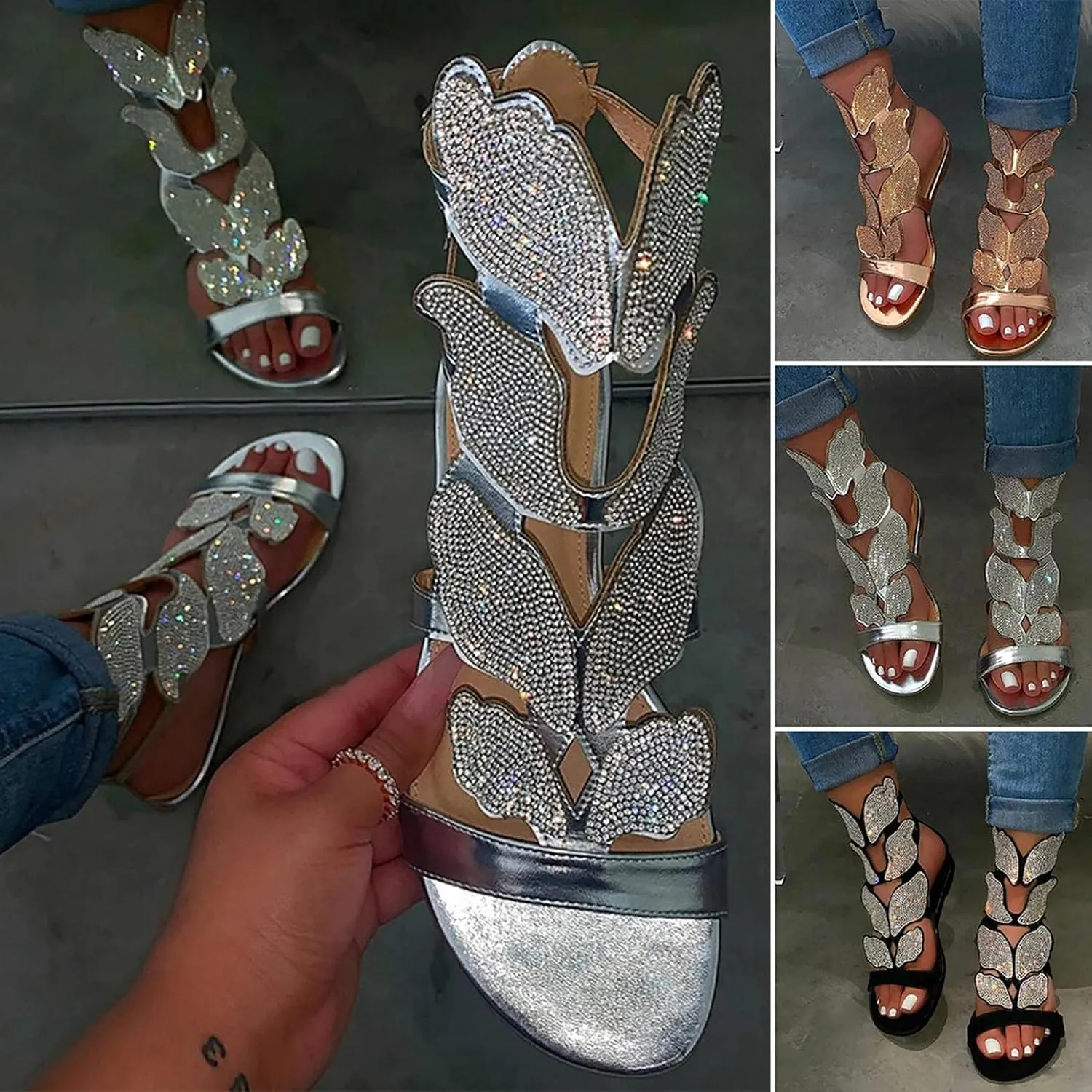 Sandals for Women Dressy Gladiator Sandals Butterfly Flat Summer Strappy Crystal Open Toe Knee High Flat Sandal