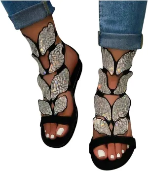 Sandals for Women Dressy Gladiator Sandals Butterfly Flat Summer Strappy Crystal Open Toe Knee High Flat Sandal