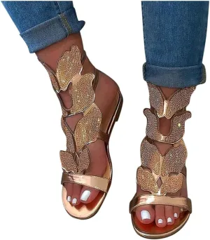Sandals for Women Dressy Gladiator Sandals Butterfly Flat Summer Strappy Crystal Open Toe Knee High Flat Sandal