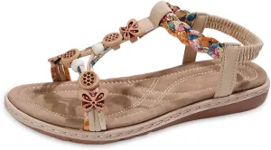 Sandals for Women Summer Rhinestone Beaded Sparkly Bling Boho Lace Flower Flat Comfortable Elastic Ankle Strap Beach Shoes