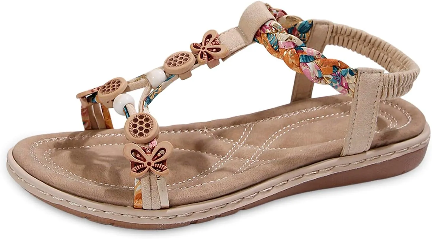 Sandals for Women Summer Rhinestone Beaded Sparkly Bling Boho Lace Flower Flat Comfortable Elastic Ankle Strap Beach Shoes