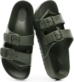 Sandals Slide for Women Double Buckle Adjustable Flat Shoes