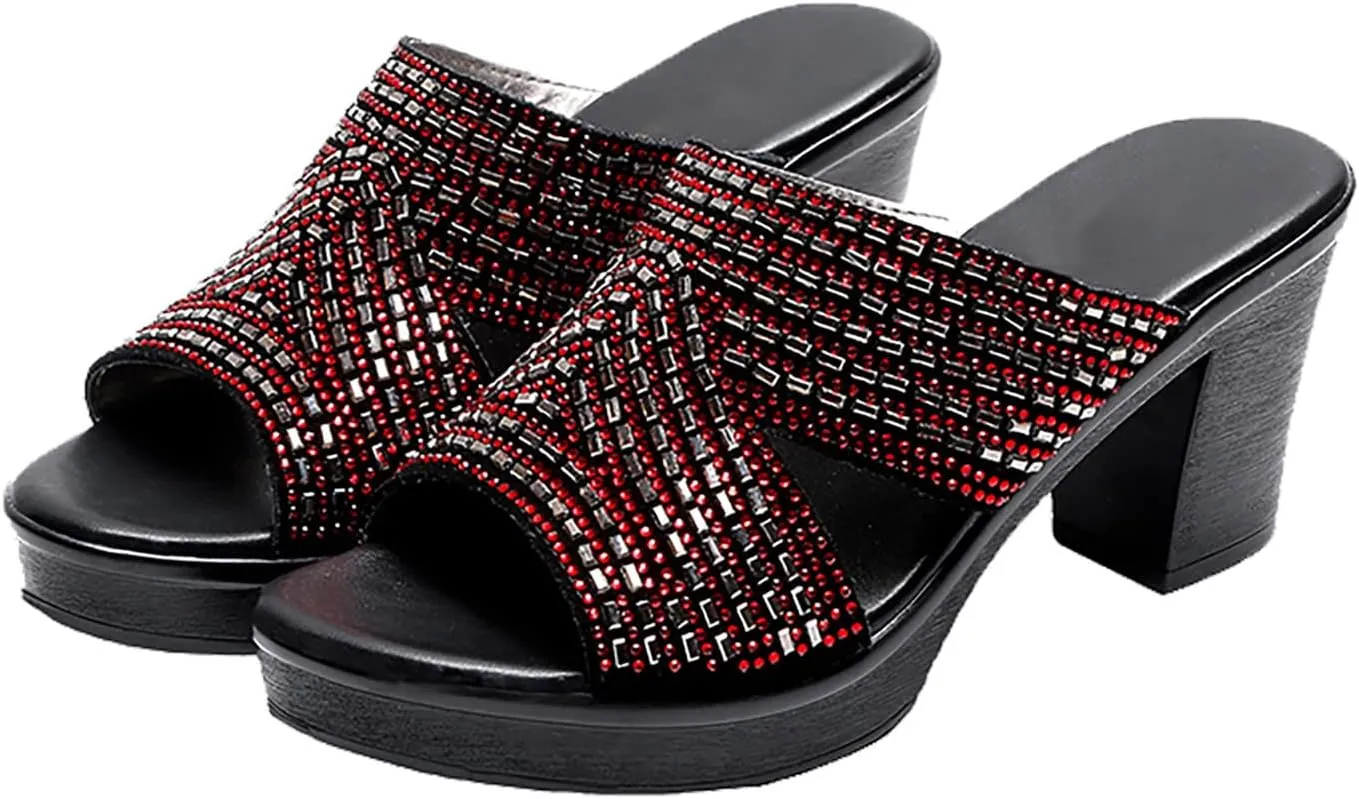 Sandals Women Dressy Summer Fashion Rhinestone Cross Straps Chunky Block High Heel Sandals Comfortable Slip on Slippers Outdoor Ladies Casual Shoes