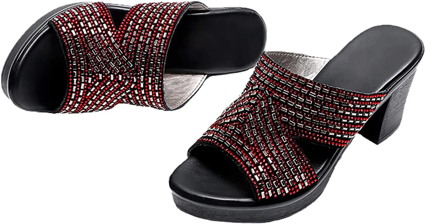 Sandals Women Dressy Summer Fashion Rhinestone Cross Straps Chunky Block High Heel Sandals Comfortable Slip on Slippers Outdoor Ladies Casual Shoes