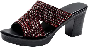 Sandals Women Dressy Summer Fashion Rhinestone Cross Straps Chunky Block High Heel Sandals Comfortable Slip on Slippers Outdoor Ladies Casual Shoes