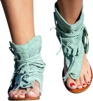 Sandals Women Tassel Ankle Boots, Retro Bohemian Sandals Beach Travel Shoes Clip Toe Flip Flops High Top Flat Casual Dressy Sandals