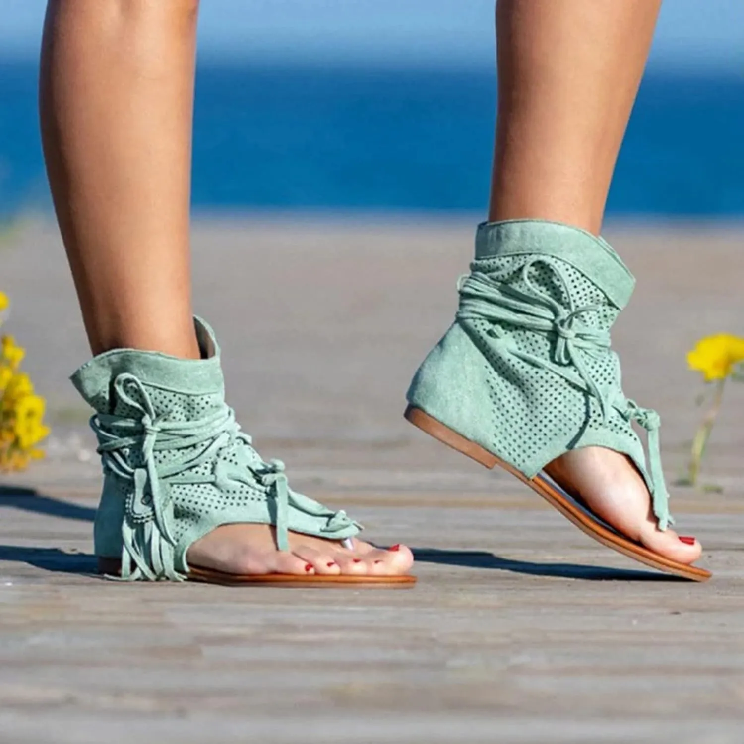 Sandals Women Tassel Ankle Boots, Retro Bohemian Sandals Beach Travel Shoes Clip Toe Flip Flops High Top Flat Casual Dressy Sandals
