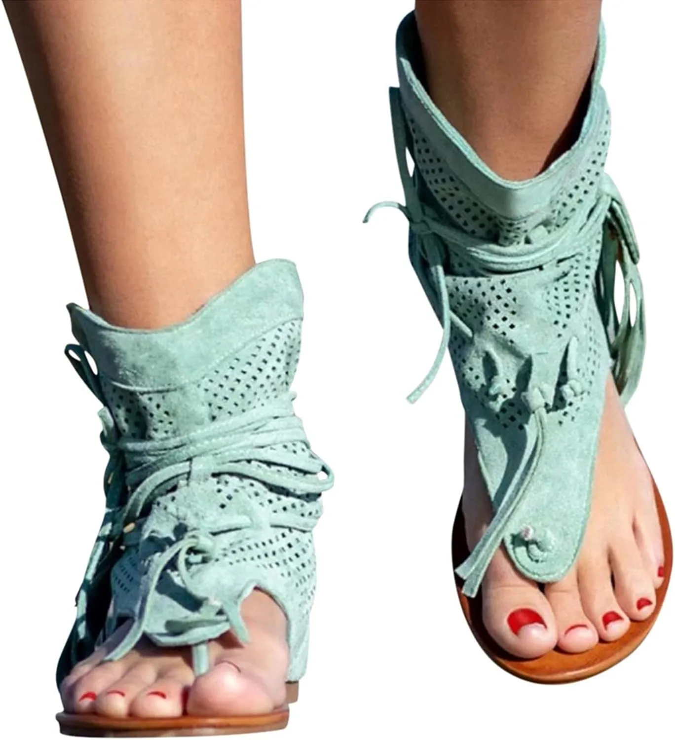 Sandals Women Tassel Ankle Boots, Retro Bohemian Sandals Beach Travel Shoes Clip Toe Flip Flops High Top Flat Casual Dressy Sandals