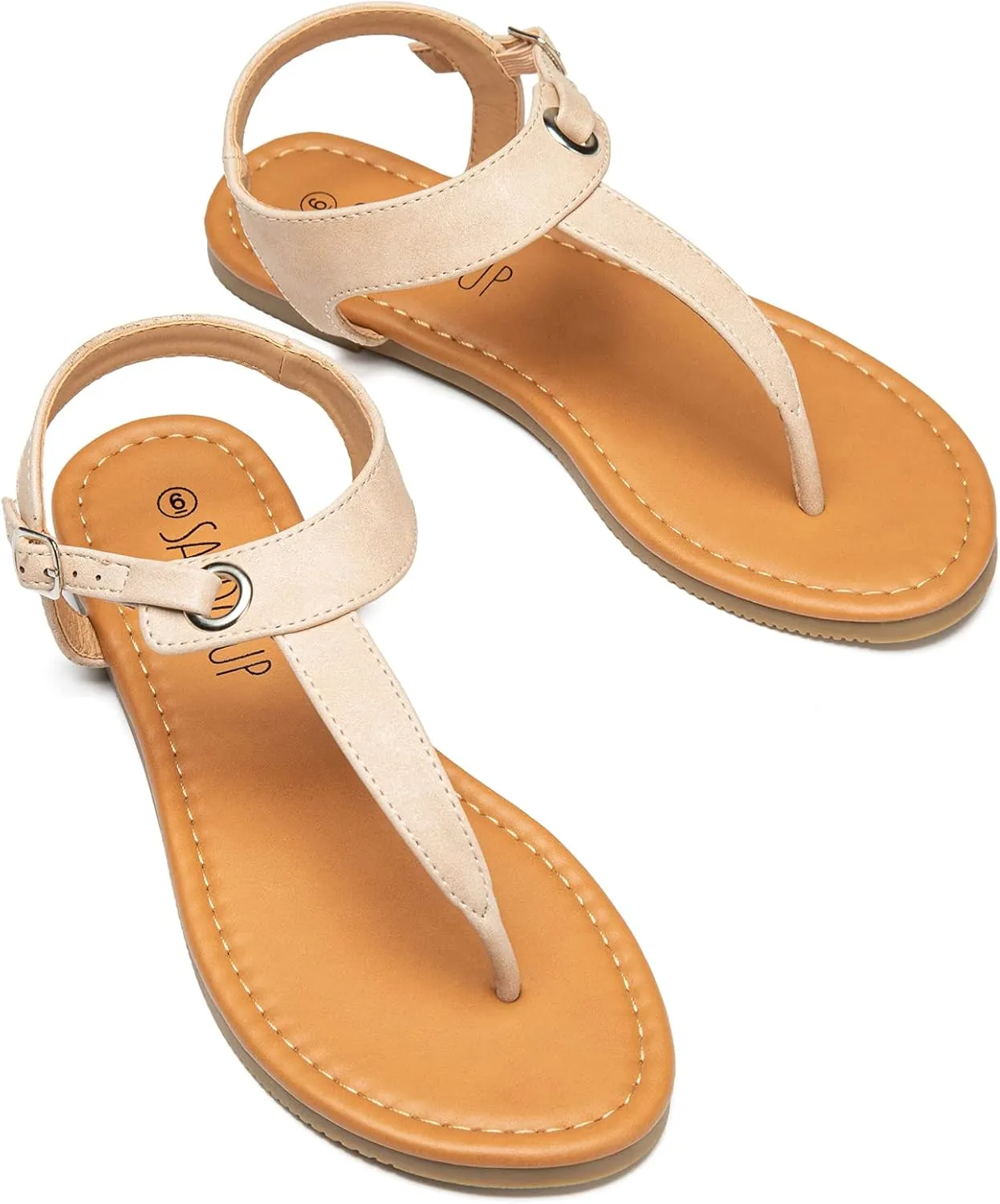 SANDALUP Women's Sandals Thong Flat Sandals Comfortable T-Strap Summer Shoes with Adjustable Ankle Buckle Dressy Sandals