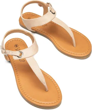 SANDALUP Women's Sandals Thong Flat Sandals Comfortable T-Strap Summer Shoes with Adjustable Ankle Buckle Dressy Sandals