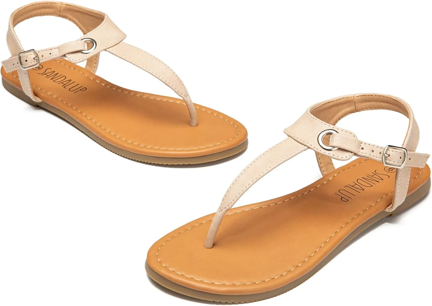 SANDALUP Women's Sandals Thong Flat Sandals Comfortable T-Strap Summer Shoes with Adjustable Ankle Buckle Dressy Sandals