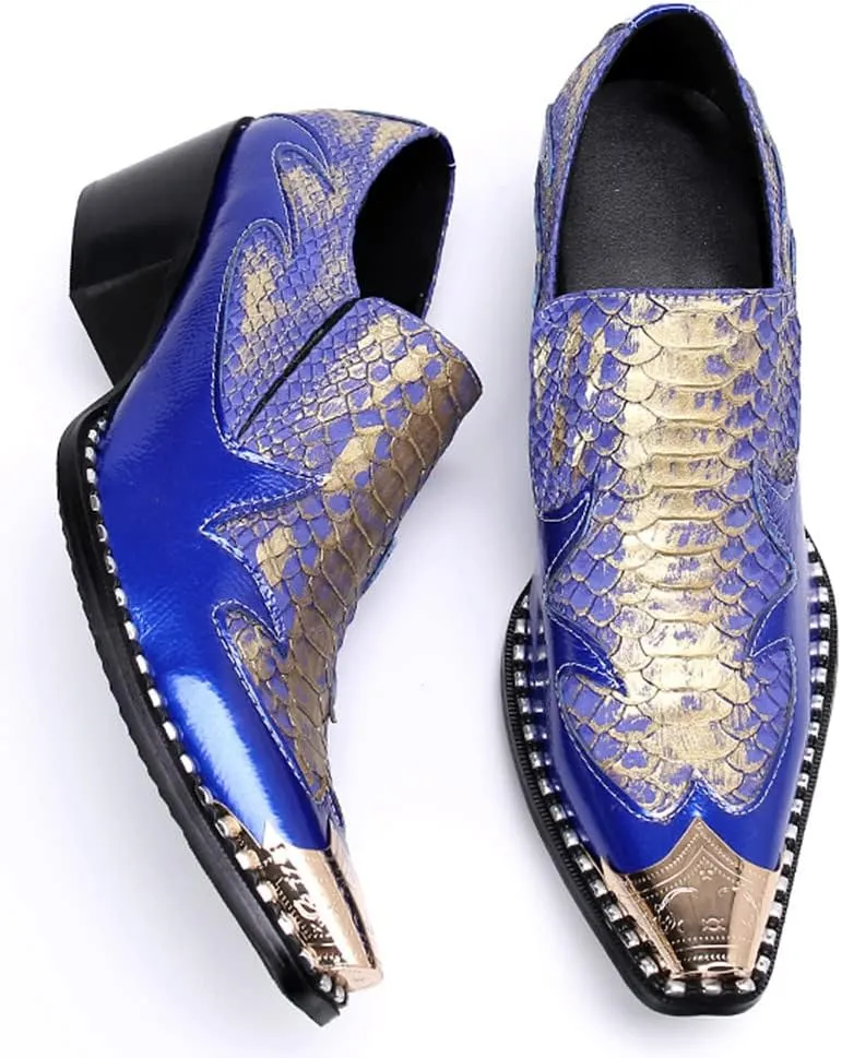 Santimon Dress Loafers for Men High Cuban Heel Slip On Graphic Snake Leather Lined Gold Cap Dancing Party Sleek Shoes