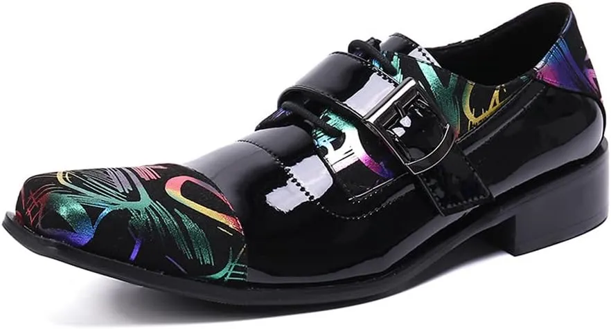 Santimon Mens Casual Loafers Elastic Slip On Fashion Buckle Dress Burnished Leather Cap Toe Monk Strap Self Tie Oxfords Business Wedding Shoes