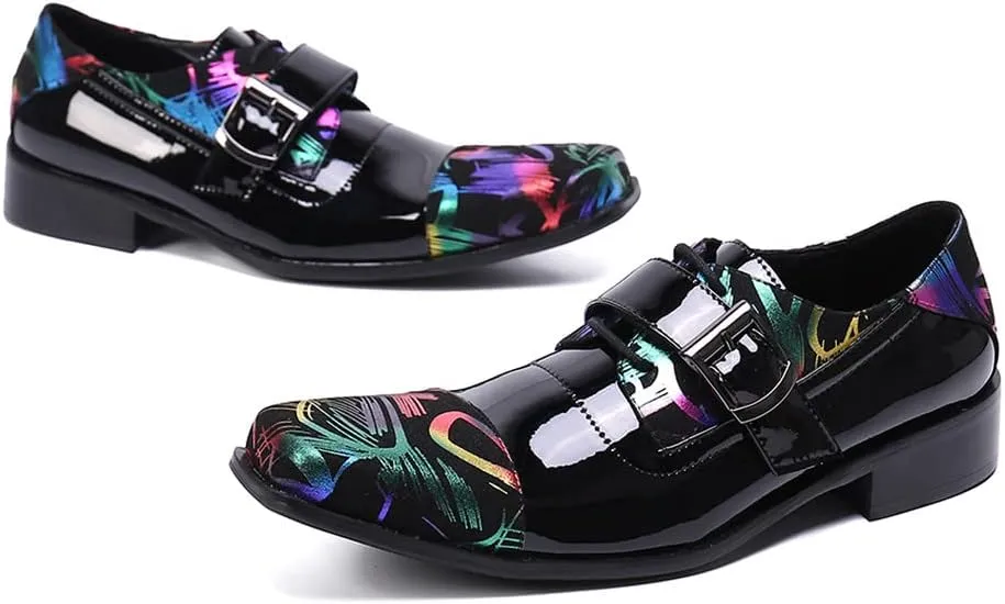 Santimon Mens Casual Loafers Elastic Slip On Fashion Buckle Dress Burnished Leather Cap Toe Monk Strap Self Tie Oxfords Business Wedding Shoes