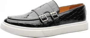 Santimon Men's Double Monk Strap Loafers Croc Patent Leather Formal Casual Chunky Dress Shoes