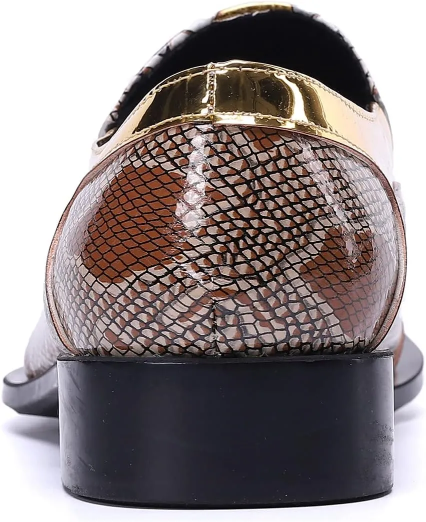 Santimon Mens Genuine Leather Dress Loafers Metallic Cap Slip On Tuxedo Formal Composite Snake Print Luxury Wedding Fashion Shoes
