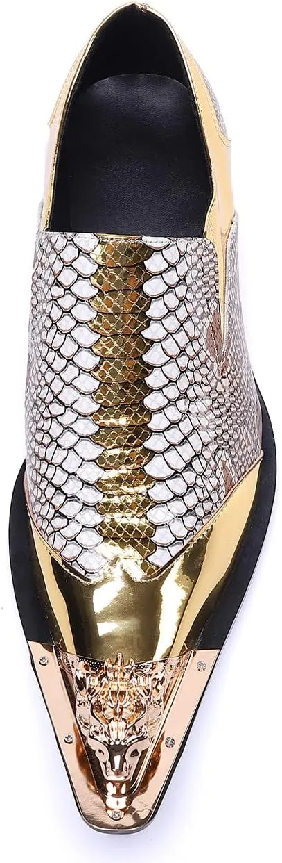 Santimon Mens Genuine Leather Dress Loafers Metallic Cap Slip On Tuxedo Formal Composite Snake Print Luxury Wedding Fashion Shoes