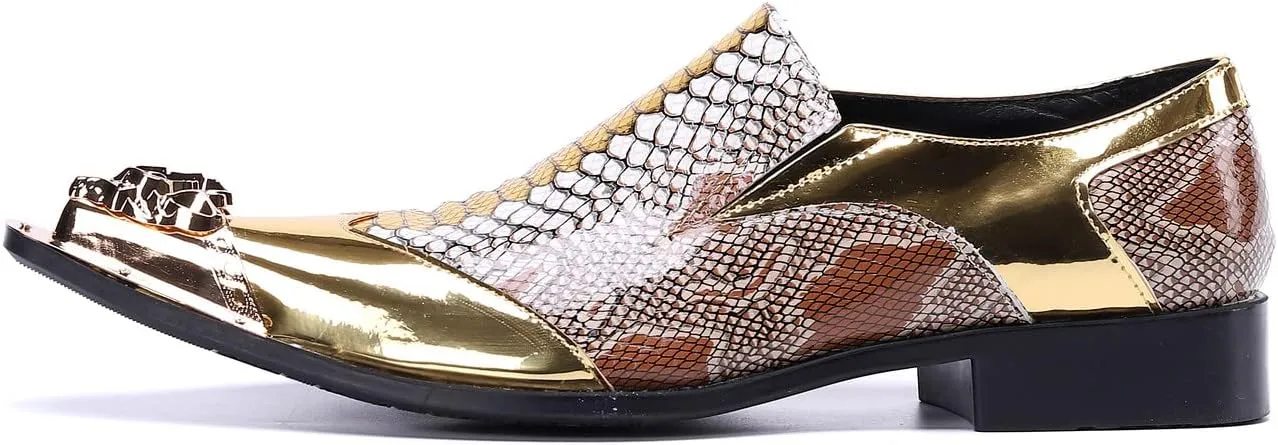 Santimon Mens Genuine Leather Dress Loafers Metallic Cap Slip On Tuxedo Formal Composite Snake Print Luxury Wedding Fashion Shoes
