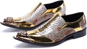 Santimon Mens Genuine Leather Dress Loafers Metallic Cap Slip On Tuxedo Formal Composite Snake Print Luxury Wedding Fashion Shoes