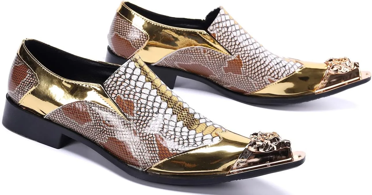 Santimon Mens Genuine Leather Dress Loafers Metallic Cap Slip On Tuxedo Formal Composite Snake Print Luxury Wedding Fashion Shoes
